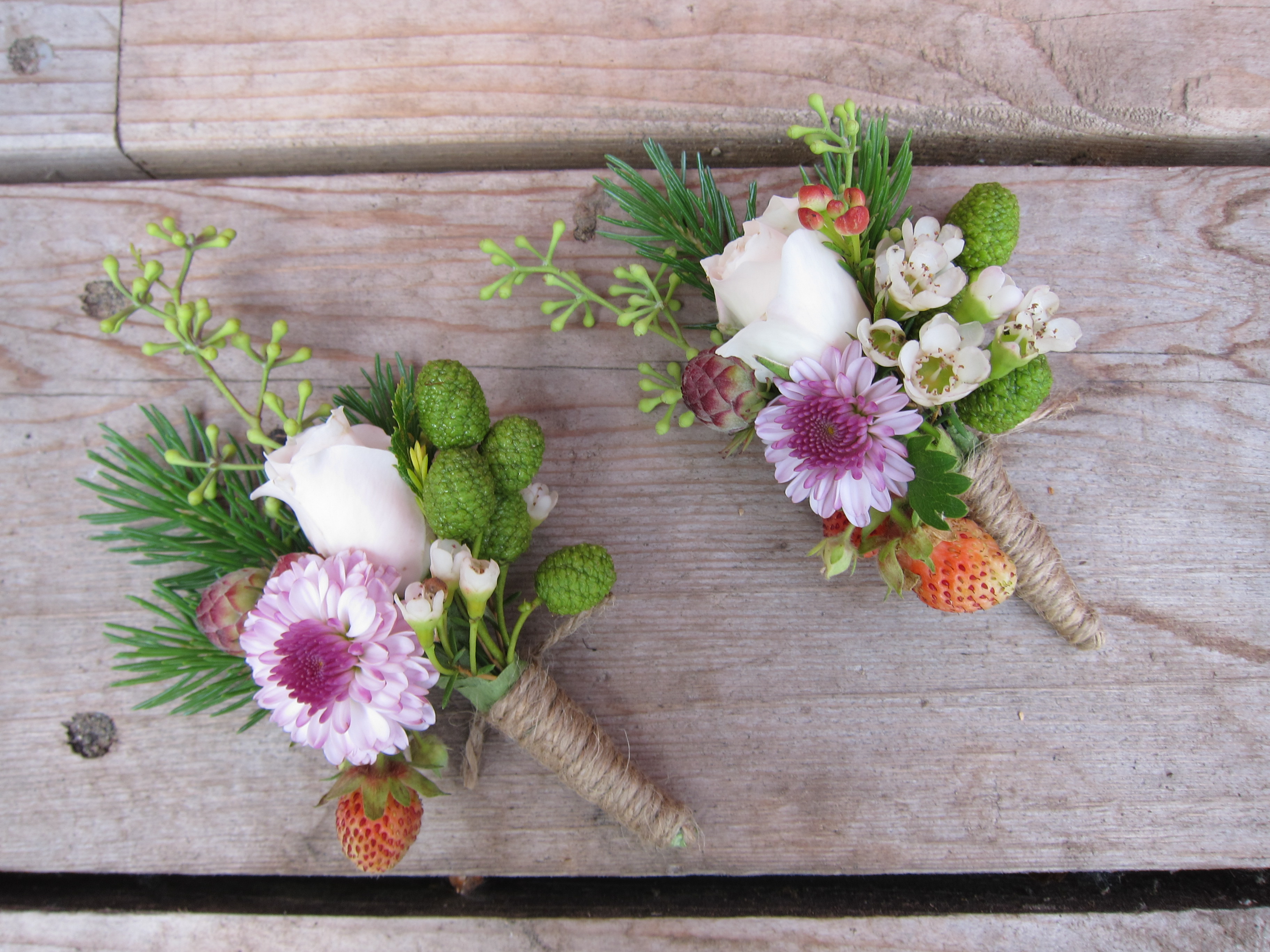 Boutonnieres made with alder cones and wild strawberries | designed by Natasha Price of Paper Peony