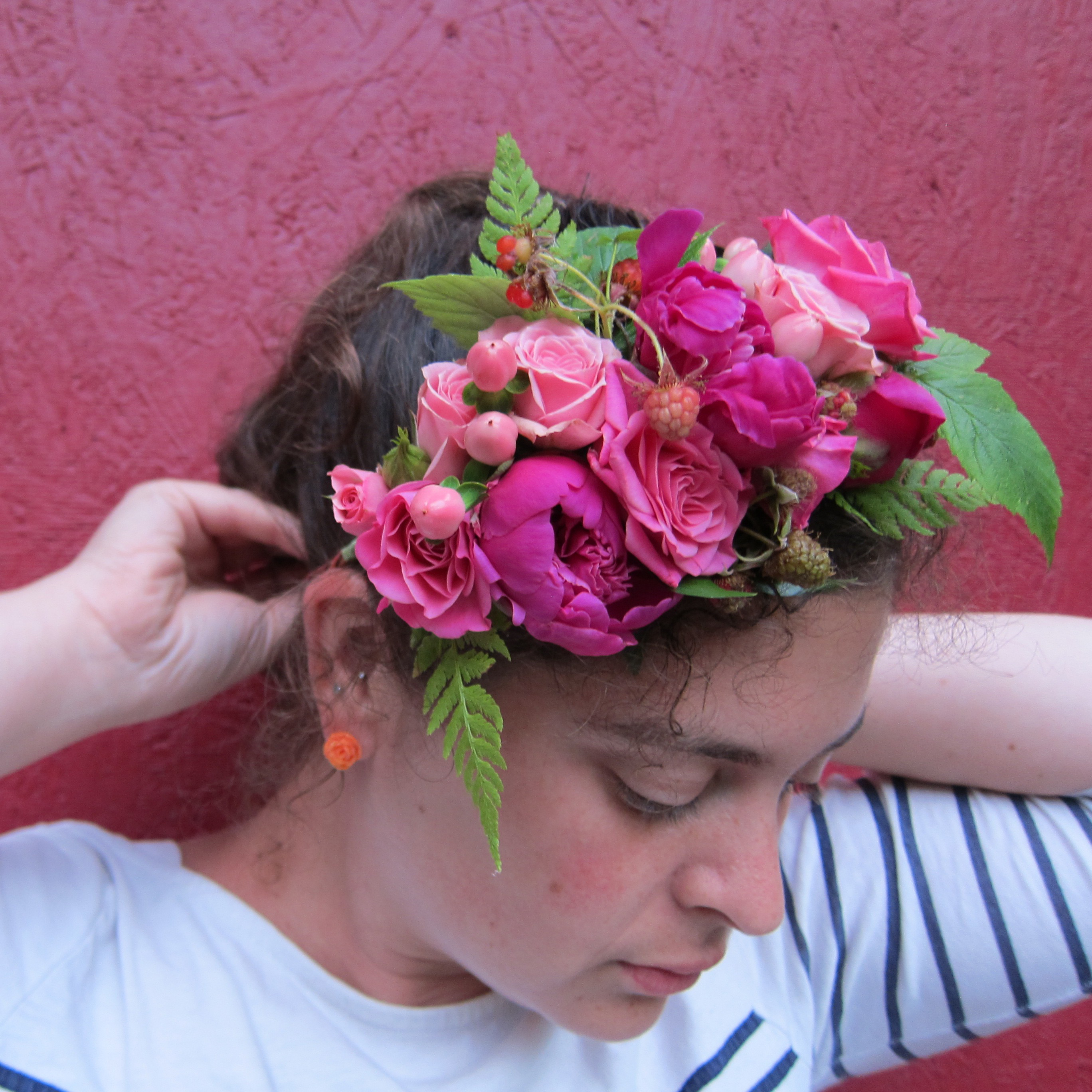 Partial flower crown with Alaska peonies and wild greens by Natasha Price of Paper Peony Alaska