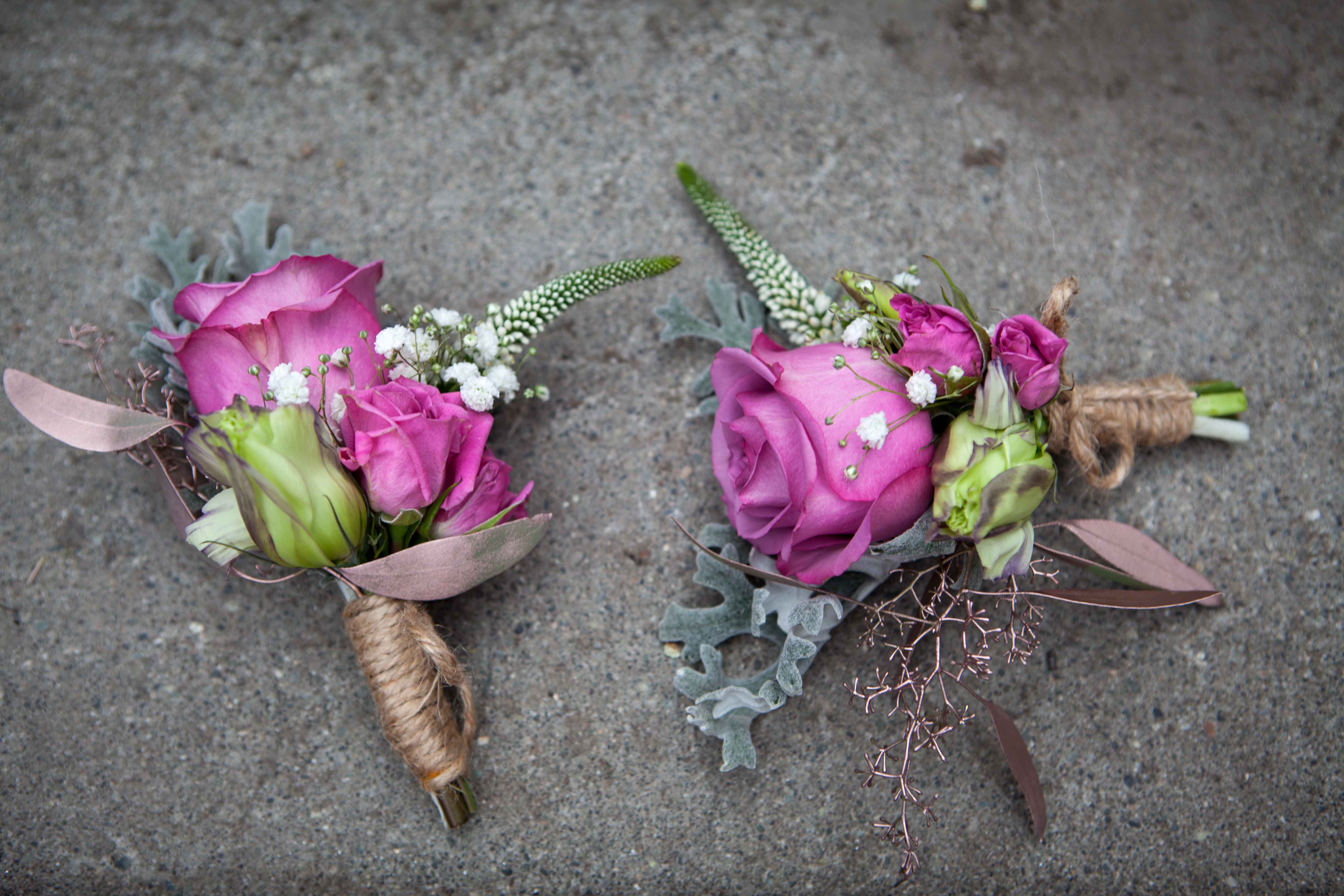 boutonnieres with purple roses, dusty miller and white veronica | designed by Natasha Price of Paper Peony Alaska