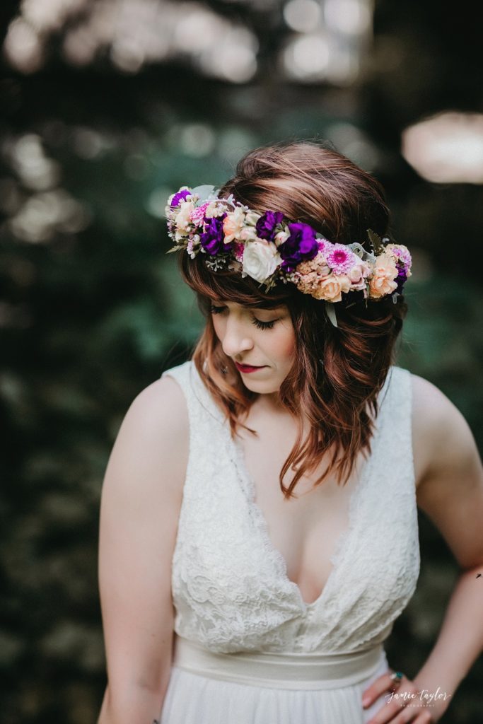 Peach and purple bridal flower crown by Natasha Price of Paper Peony Alaska.