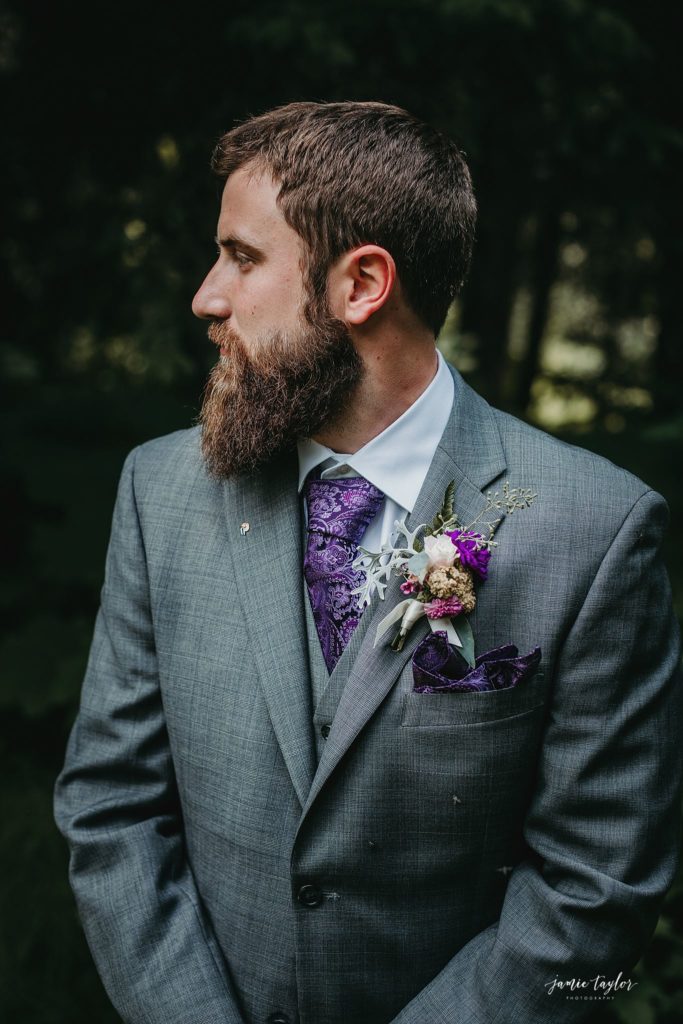 Peach and purple wedding flowers by Natasha Price of Paper Peony Alaska.