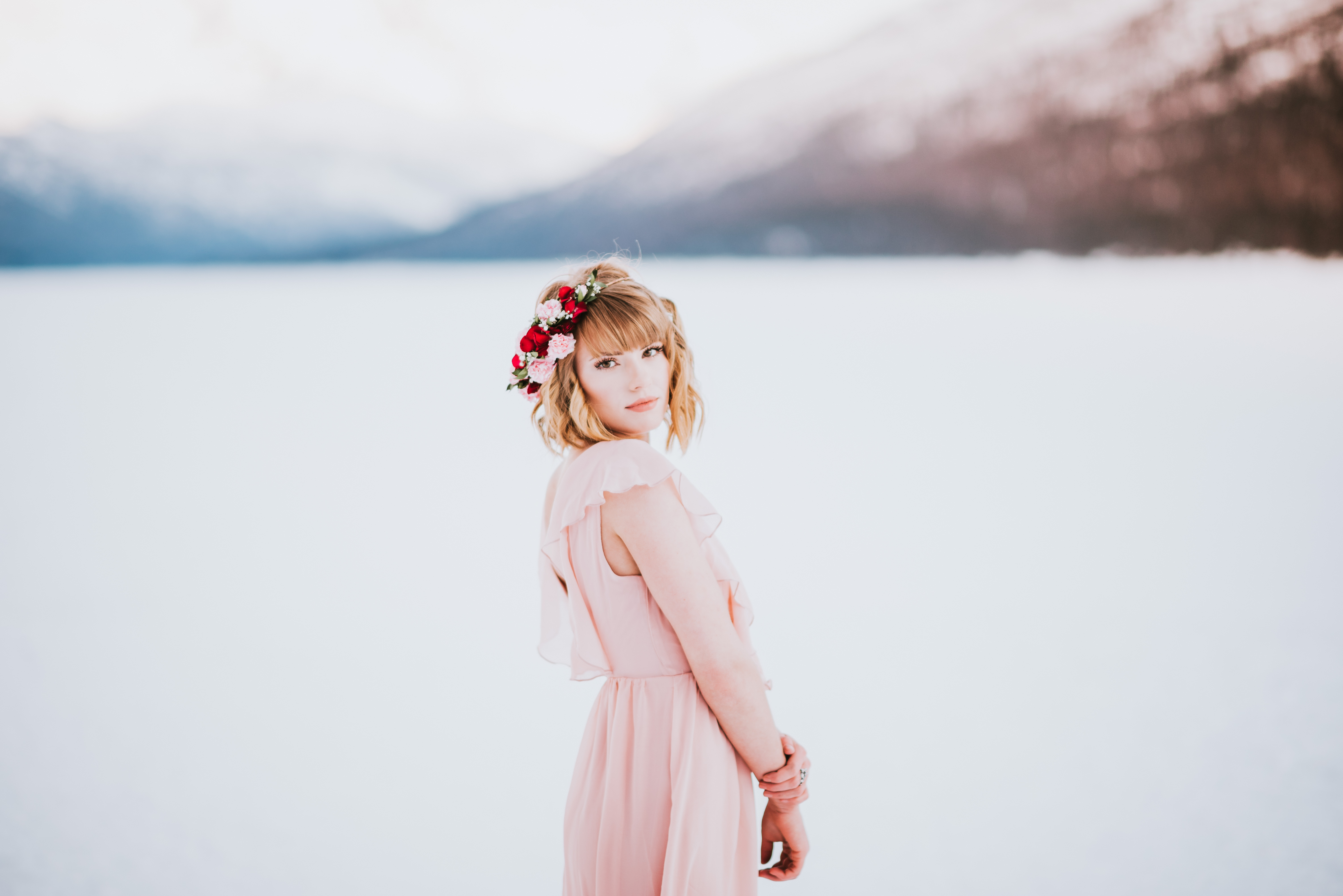 Partial flower crown on Eklutna Lake | designed by Natasha Price of Paper Peony Alaska and Photo by Donna Marie Photography
