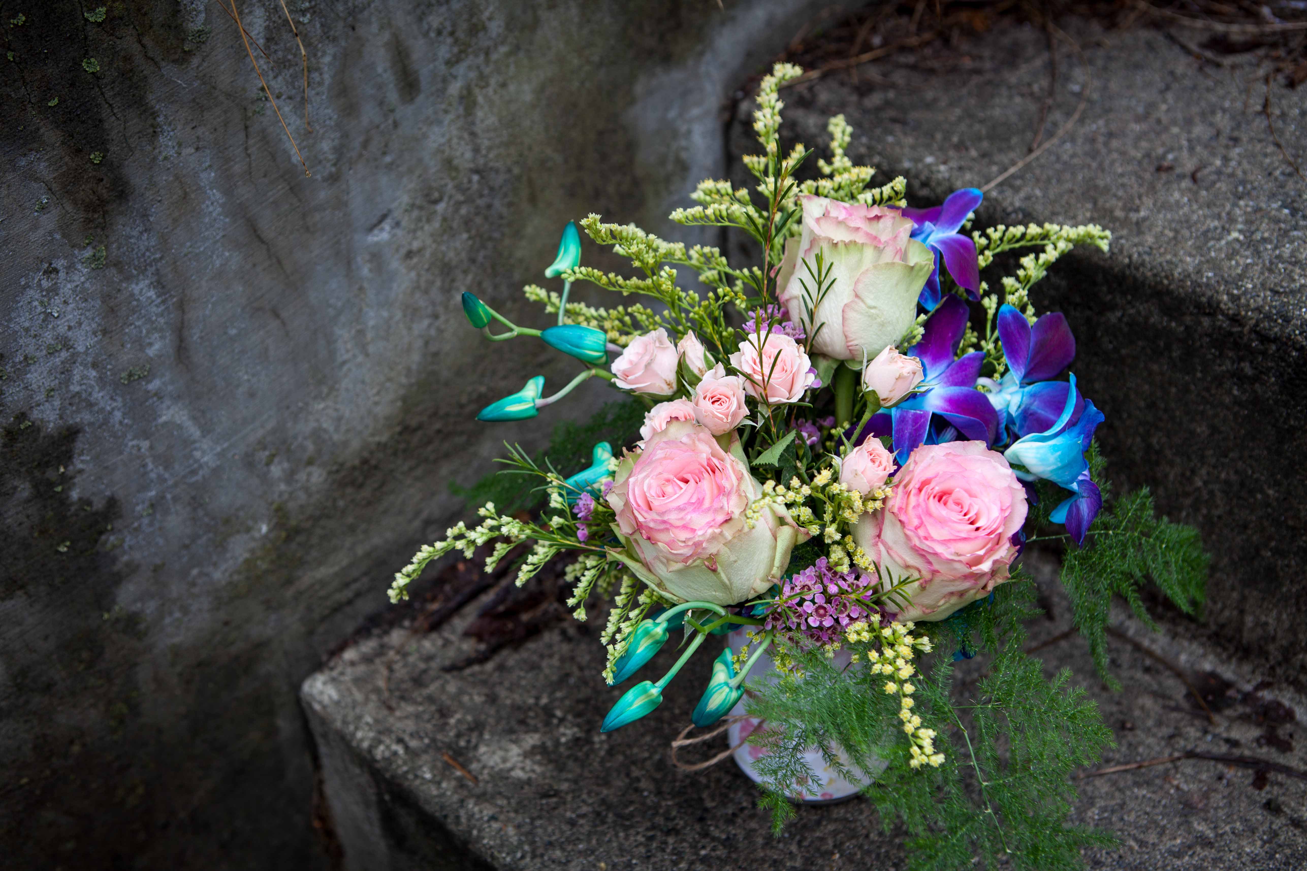 Small arrrangement with orchids, roses, spray roses, salidago and plumosa | designed by Natasha Price of Paper Peony Alaska